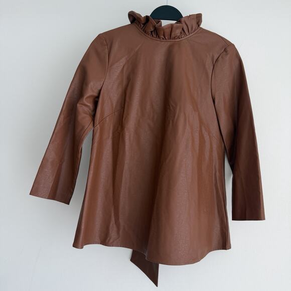 Tuckernuck Tops - Tuckernuck Top Womens Small Brown Faye Faux Leather Blouse Ruffle Minimal Luxury